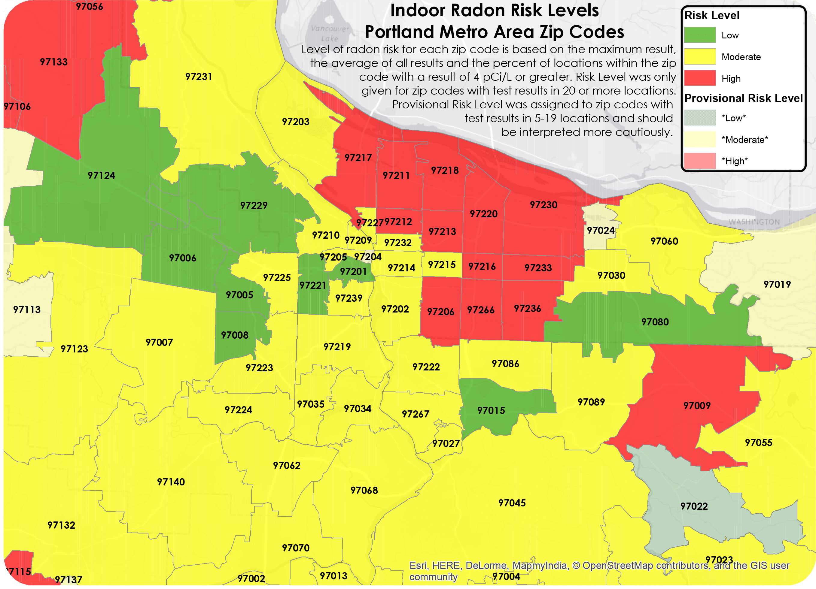 map displaying all of Portland's zips and their corresponding radon risk levels