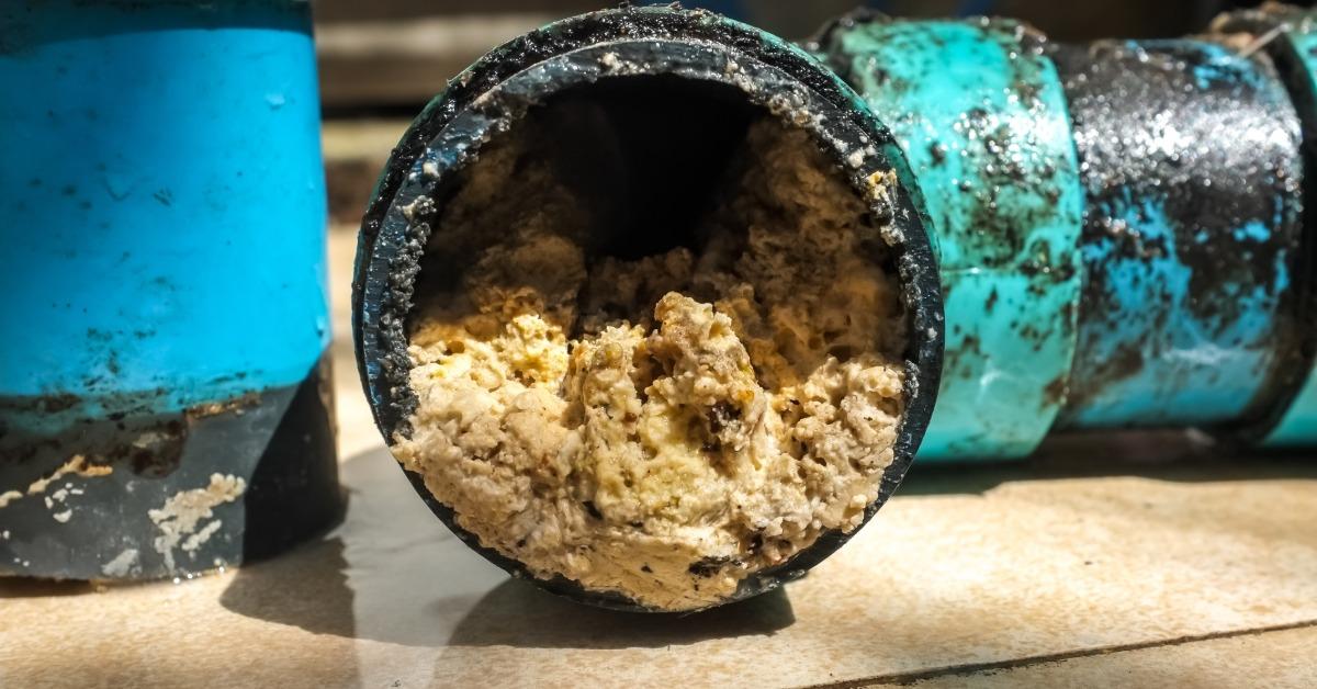blue pipe section containing thick beige buildup, with dirty fittings on wet tile flooring around it.